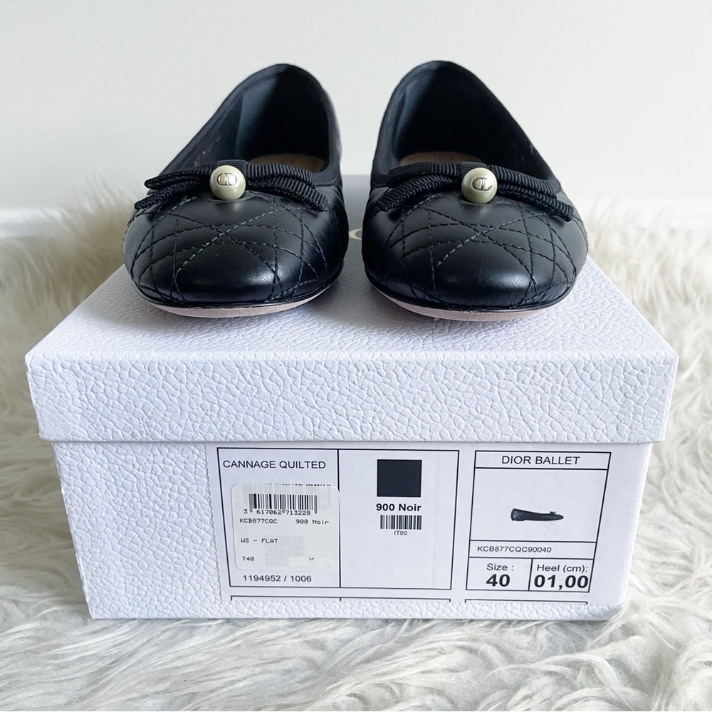 Christian Dior Ballet Flat Black Quilted Cannage Calfskin Pearl Bow size 40 - Picture 4 of 16